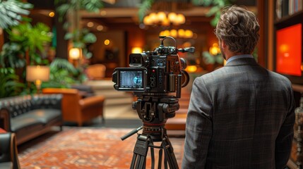Wall Mural - a professional filmmaker stands behind a high-end camera on a tripod, meticulously capturing the amb