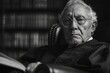 © aicandy - A contemplative elderly man in judicial robes, seated in a leather chair against a library backdrop, exuding wisdom and authority in a monochrome setting