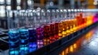 © aicandy - A vibrant array of chemical solutions in numerous test tubes, showcasing a spectrum of vivid colors in a laboratory setting, highlighting the diverse range of possibilities in scientific experiments
