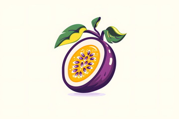 flat logo illustration of a cute passion fruit, isolated on plain, simple background. generative ai