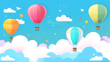 Canvas Print - A cartoon illustration of hot air balloons floating in a blue sky with white clouds.