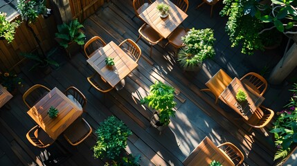 Sticker - A terrace with wooden furniture where tables