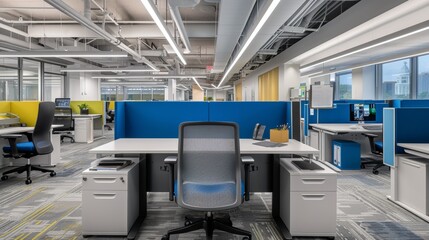 Wall Mural - A modern open office space with vibrant blue and yellow dividers, ergonomic chairs, and contemporary office furniture promoting a collaborative work environment