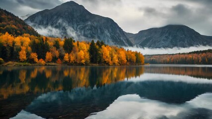 Wall Mural - A beautiful lake with a mountain in the background and fog.