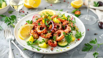 Wall Mural - Octopus salad served on a white plate img