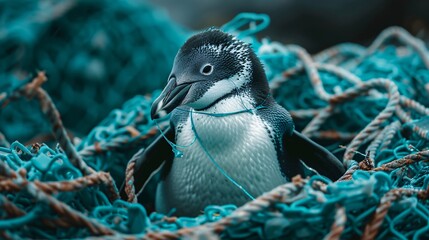 'concept plastic pollution trapped marine net conservation penguin nature animal climate fish protection aquatic beach bird contamination damage danger debris dirty discarded earth ecology