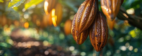 Wall Mural - Close-up view of ripe cacao pods hanging from a cacao tree branch with sunlight filtering through surrounding leaves in a lush tropical plantation