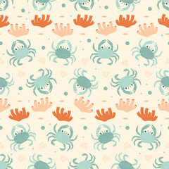 Wall Mural - Crabs and corals seamless pattern. Underwater world endless background. Crustaceans repeat cover. Vector hand drawn flat illustration.