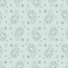 Wall Mural - Algae and water bubbles seamless pattern. Underwater life endless background. Vector hand drawn flat illustration.