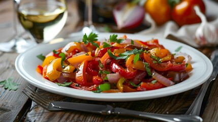 Wall Mural - Peperonata served on a white plate
