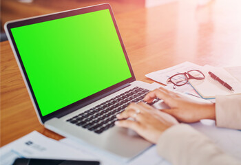 Poster - Business, hands and laptop with green screen, person and typing with internet, connection and research. Closeup, employee and consultant at desk, computer and company website with design agency