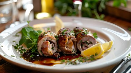 Wall Mural - Chicken saltimbocca served on a white plate