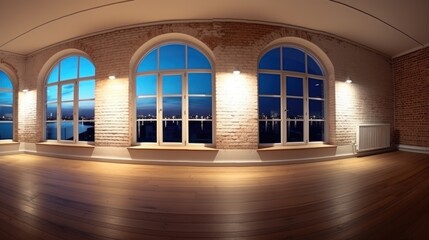 Poster - Empty room with large windows overlooking the night city.