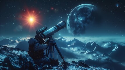 Wall Mural - man observing the moon through a telescope lunar observation night sky telescope view ai generated