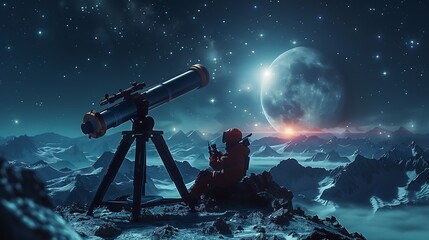 Wall Mural - Observing the moon through a telescope is what the person is doing