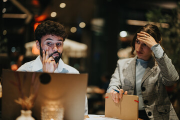 Two individuals in a startup team working late at night on a new project in a casual coffee bar, showing a focused and collaborative environment.