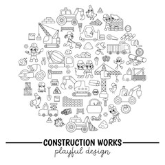 Wall Mural - Vector black and white construction site round frame with kid builders, transport, bulldozer, crane. Building works card template design for banners. Cute line repair service illustration.