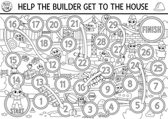 Wall Mural - Construction site black and white dice line board game with cute kid builders, transport, bulldozer, tractor, truck, crane. Building works boardgame.  Repair service printable activity, coloring page.