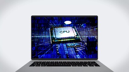 Cyber ​​security concept. Laptop icon containing CPU and various formulas on digital data background. Cyber ​​data security or information privacy idea.