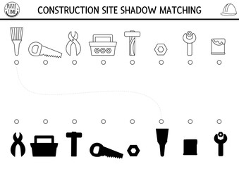 Wall Mural - Construction site black and white shadow matching activity with tools and instruments. Building works puzzle or coloring page. Find correct silhouette printable worksheet or game for kids.