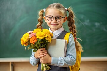 A girl with glasses and ponytails on her head. In the hands of a bouquet of autumn flowers. A child with a backpack, a book and flowers goes to school for the first time. Back to school.