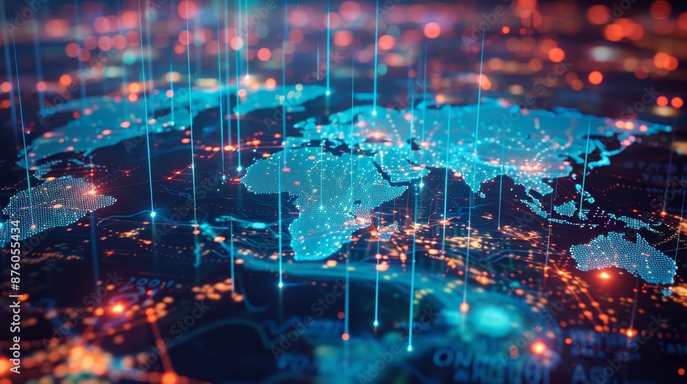 3d animation of digital world map with colorful network connections ...