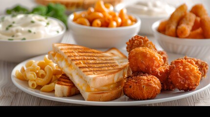 Wall Mural - Kid-Friendly Foods: A medley of fun and kid-approved dishes, such as mac and cheese, grilled cheese sandwiches, and chicken nuggets, arranged tightly together on a crisp white background.