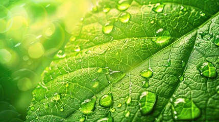 Wall Mural - Close-up of a vibrant green leaf covered in fresh water droplets, highlighting its intricate texture and natural beauty.