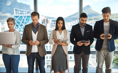Aufkleber - Staff, diversity and technology with queue as candidates, job opportunity and onboarding assessment. Team, group of people and gadget as employees at company in office, recruitment or human resources