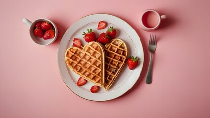 Plate with waffles and strawberries on a pink background. Mother's Day, Women's day, pink, breakfast concept, copy space. Food photography, banner.