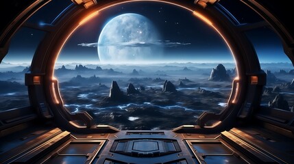 Wall Mural - observing a planet through a space ship window showing atmosphere and beauty ai generated