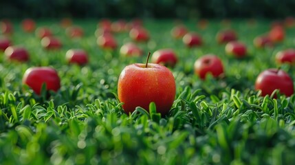 Wall Mural - A single red apple is surrounded by many other red apples in a field