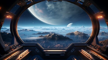 Wall Mural - observing a distant planet through a spaceship window space exploration and astronomy