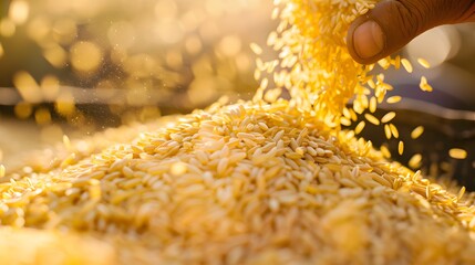 Closeup paddy jasmine rice texture for background and wallpaper in gold color. Thai farmer dry paddy jasmine rice on ground under strong sunlight after harvest and before keep in storeroom.