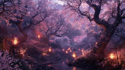 Sticker - A lush cherry blossom forest at dusk, with the sakura trees illuminated by soft lantern light, creating a magical scene under the twilight sky.