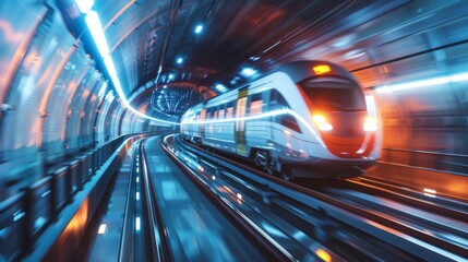 A modern bullet train entering a futuristic tunnel, with dynamic lines and engineering marvels on display.