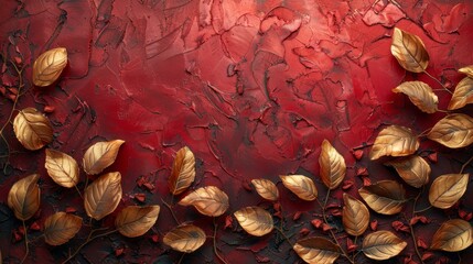 Wall Mural - Red paper decorated with gold leaves in Rococo stucco style as background, texture, and texture