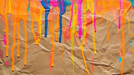 Poster - Orange paint drips abstractly on brown recycled paper creating a colorful image