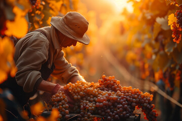 Wall Mural - Sun-kissed harvester carefully selects ripe clusters of grapes in a lush Italian vineyard during autumns golden light