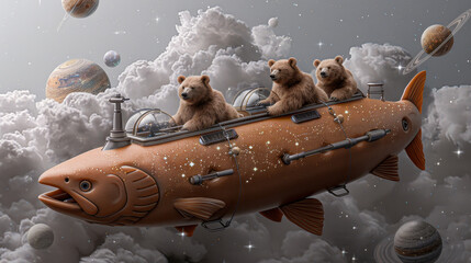 Wall Mural - A group of three bears are riding a boat in space