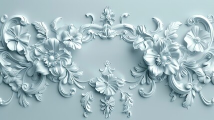 Wall Mural - White flowers and decorative elements are set on a blue background in this 3D stucco wallpaper