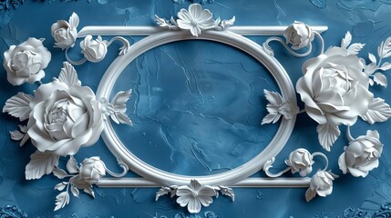 Wall Mural - Decorative elements, flowers, and a blue background decorate this 3D wallpaper