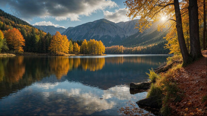 Wall Mural - A beautiful lake with a mountain in the background. autumn in the field