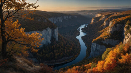 Sticker - A river with a mountain range in the background at sunset.