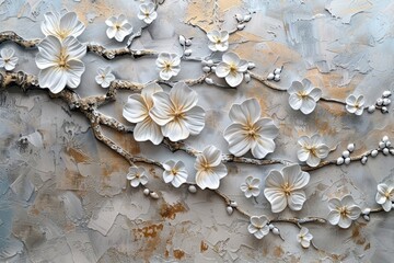 Wall Mural - A stucco relief of a cluster of sakura flowers with branches intertwining elegantly