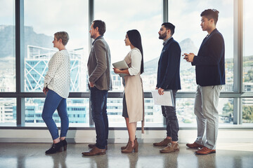 Poster - Staff, diversity and tablet with queue as candidates, job opportunity and interview in hiring. Team, group of people and technology as employees at company in office, recruitment or human resources