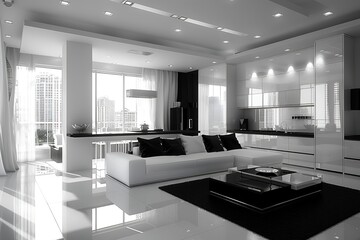 Wall Mural - Modern black and white stylish kitchen with living room interior design