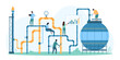 © Iconic Prototype - Natural gas pipeline system inspection. Tiny people of factory maintenance service control safety of pipe and valve, pressure in storage tanker and chimney with fire cartoon vector illustration