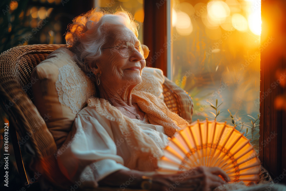 Elderly woman, with a gentle smile, relaxes in a rocking chair on her ...