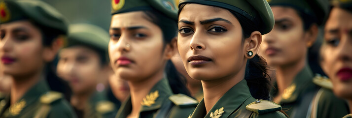 Group of Indian women in military uniforms standing at army ceremony or presentation. 